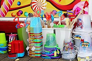 Buckets and spades at beach shop by the seaside