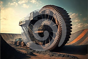 Bucketwheel excavator mining in a open pit coal mine industry development