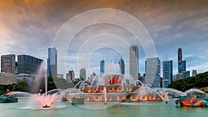 Buckingham fountain and Chicago downtown at sunset, Chicago, Illinois