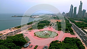 Buckingham Fountain at Chicago Grant Park from above - aerial photography