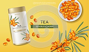 Buckthorn tea vector realistic. Product placement label design. Healthy delicious hot