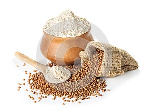 Buckwheat flour in bowl and a bag