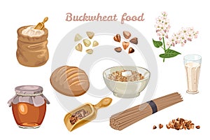 Buckwheat food set. Flowering plant, buckwheat grains, flour, porridge, honey, bread, vegan milk and noodles photo