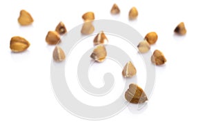 Buckwheat grain organic raw seeds isolated on white. Brown vegetarian cereal food background. Healthy eating, dieting