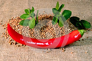 Buckwheat grains scattered on a sack cloth with stuck fresh mint