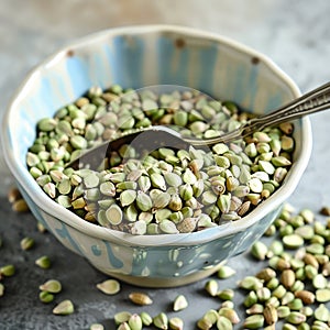 Buckwheat grains in a wooden bowl with a spoon., AI Generated