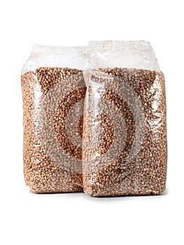 Buckwheat groats in a transparent bag isolated. Blank Packing buckwheat porridge. Template Buckwheat in casserole packaging