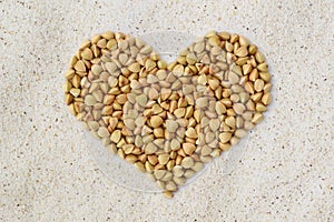 Buckwheat kernels heart on buckwheat flour