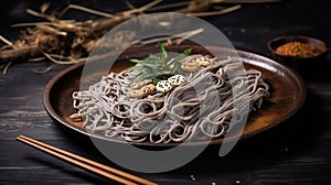 Buckwheat noodle with teriaki sauce.Asian dish. With wooden sticks. On a clay plate. Generative Ai