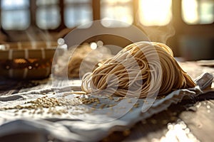 Buckwheat noodles closeup. Raw food ingredient. Dried buckwheat soba noodles. Traditional Japanese food