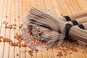 Buckwheat noodles closeup. Raw food ingredient. Dried buckwheat soba noodles. Traditional Japanese food - Image