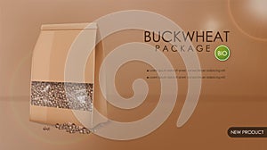 Buckwheat package vector realistic mock up. 3d detailed product placement. Advertise label designs