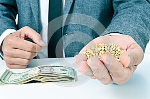 Buckwheat seeds and dollar banknotes, depicting the agribusiness