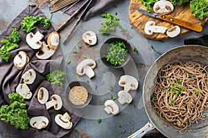 Buckwheat soba noodles soup ingredients for asian chinese japanese korean vietnamese food. Top view flat lay kitchen cooking