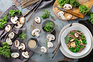 Buckwheat soba noodles tofu soup ingredients for asian chinese japanese korean vietnamese food. Top view flat lay kitchen cooking