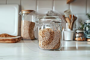 Buckwheat stored in a glass jar