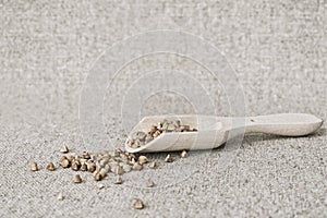 Buckwheat in a wooden spoon on the background of the canvas - still life in rustic style