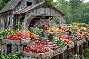 Bucolic farm setting with assorted fresh fruits and vegetables transitioning from field to slicing. AI generated. photo