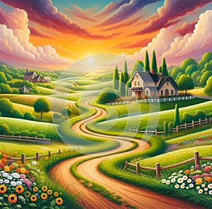 a bucolic landscape with a winding path and a distant house.