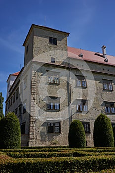 Bucovice, Czech Republic - September 10, 2021 - A four-winged Renaissance chateau built in 1567 on the model of Italian Renaissanc