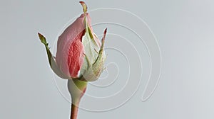 Bud of an unopened red rose on a gray background