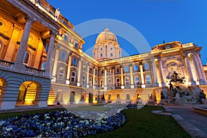 The Buda Castle in Budapest with a flower bed