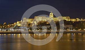 Buda Castle by Danube river at night. Budapest, Hungary. HDR.