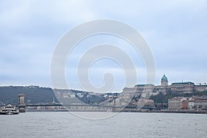 Buda Castle seen from Pest with the Danube and Szechenyi Chain Bridge in front.