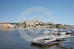 Buda castle and ship pier on the Danube River. Budapest