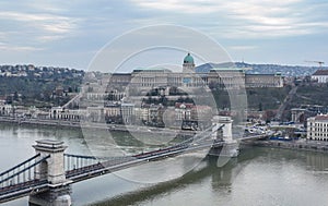 Buda Castle and Szechenyi Chain Bridge in Budapest, Hungary