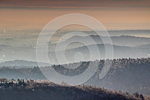 Buda Mountains in winter morning mist in Budapest Hungary