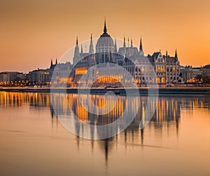Budapes, Hungary - Beautiful orange sunrise at the Hungarian Parliament