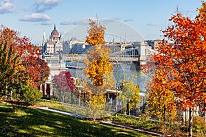 Budapest autumn cityscape with Hungarian parliament building and Chain bridge over Danube river, Hungary