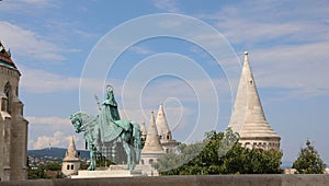 Budapest, B, Hungary - August 18, 2023:horse riding statue of stephen i first king of Hungary in fisherman s bastion