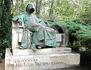 Budapest, B, Hungary - August 19, 2023: Statue of Anonymus in the public park