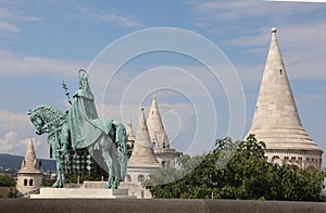 Budapest, B, Hungary - August 18, 2023:horse riding statue of stephen i first king of Hungary in fisherman s bastion