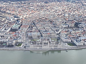 Budapest Best Aerial View of Hungarian Parliament Building and Danube River in Cityscape from a Drone Point of View