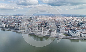 Budapest Best Aerial View of Hungarian Parliament Building and Danube River in Cityscape from a Drone Point of View