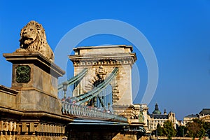 Budapest, capital of Hungary, is spanned by Szechenyi Chain Bridge Lion across a River Danube.