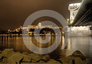 Budapest chain bridge and castle at night