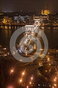 Budapest, Chain bridge on Danube - night view