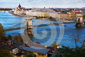 Budapest Chain Bridge over Danube and Hungarian Parliament