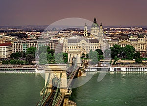 Budapest chain bridge seen from above. Szechenyi Square and Danube river