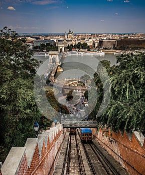 Budapest chain bridge seen from above. Szechenyi Square and Danube river