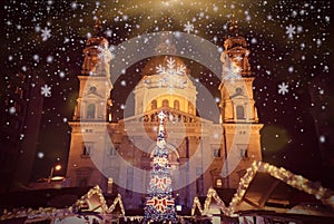 Budapest Christmas market with St. Stephen`s Basilica