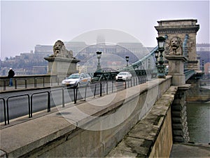 Budapest city, Danube river, fog, bridge and touristic attraction