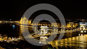 Budapest city landscape with the Chain bridge over the Danube river and the Parliament building at night, Budapest, Hungary