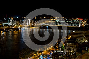 Budapest city landscape and Elisabeth Bridge over the Danube river from Buda Castle at night, Hungary