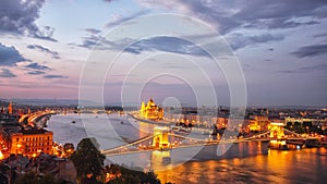 Budapest city night scene. View at Chain bridge, river Danube an