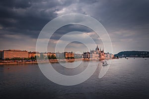 Budapest city skyline with the Hungarian Parliament and Danube River at sunset, Budapest, Hungary